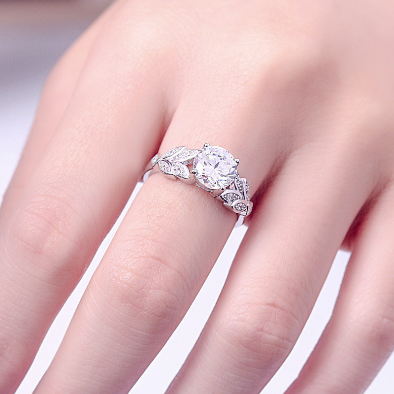 925 Sterling Silver Round Cut Created CZ Leaf Shaped Unique Engagement Rings for Women