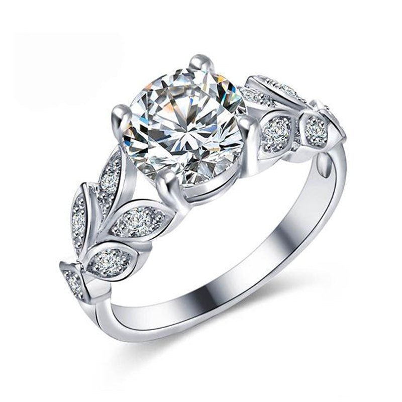 925 Sterling Silver Round Cut Created CZ Leaf Shaped Unique Engagement Rings for Women