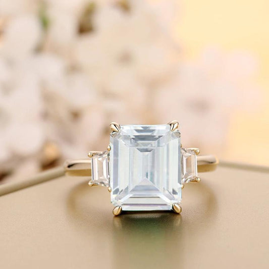 925 Sterling Silver Emerald Cut CZ Three Stone Ring