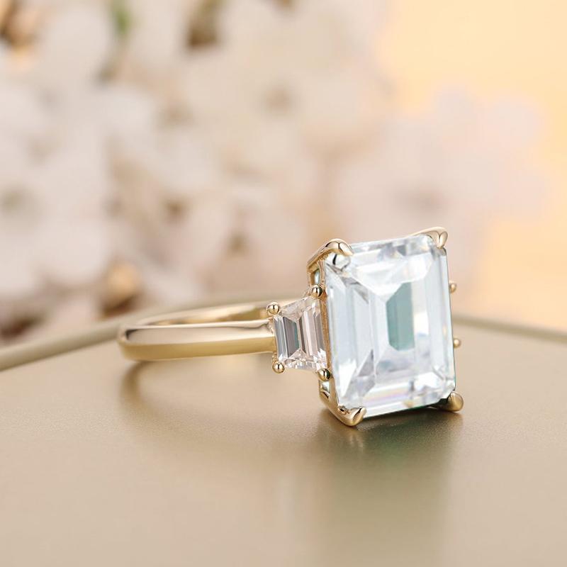 925 Sterling Silver Emerald Cut CZ Three Stone Ring