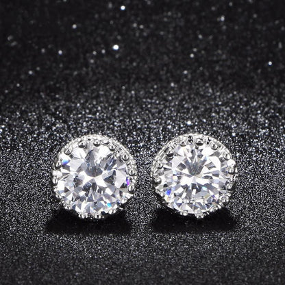 925 Sterling Silver Vintage Crown Round Cut CZ Halo Stud Earrings