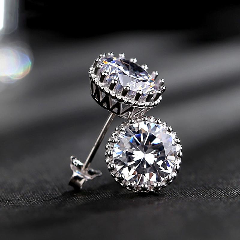 925 Sterling Silver Vintage Crown Round Cut CZ Halo Stud Earrings