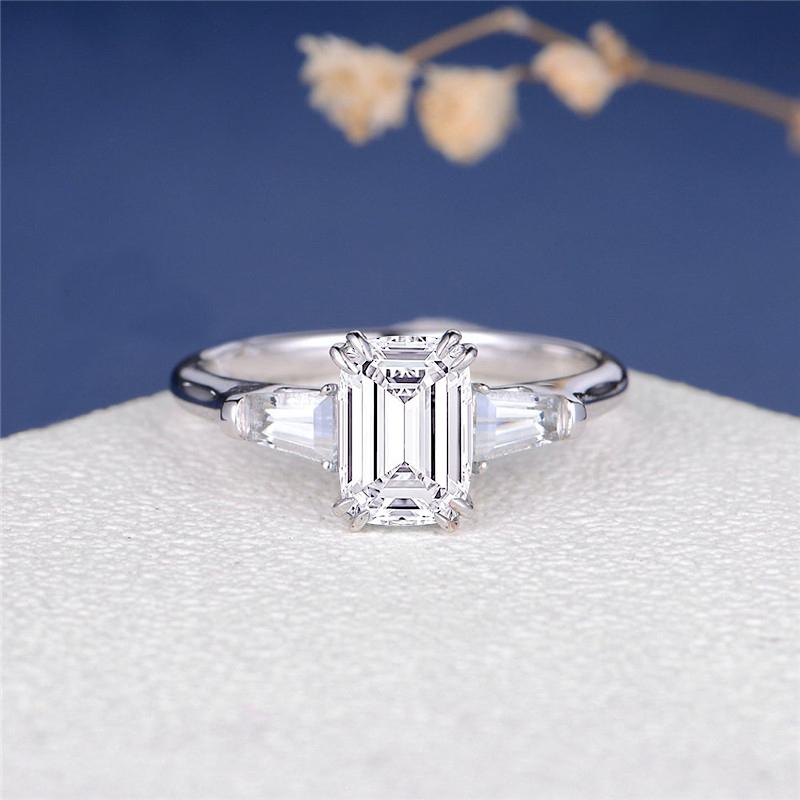 925 Sterling Silver Emerald Cut Three Stone CZ  Ring