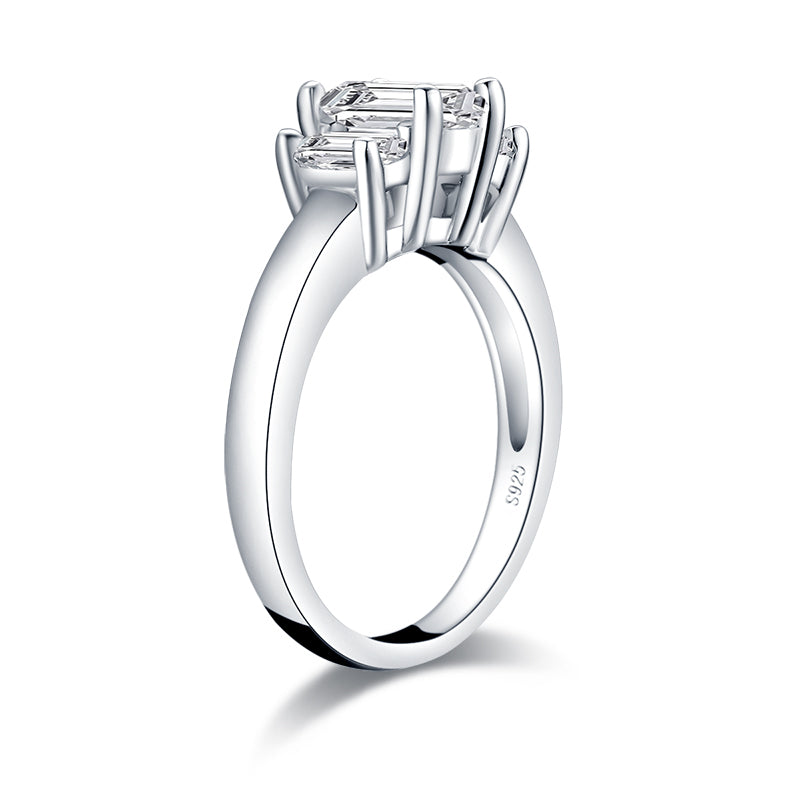 925 Sterling Silver Three Stone Emerald Cut Moissanite Ring