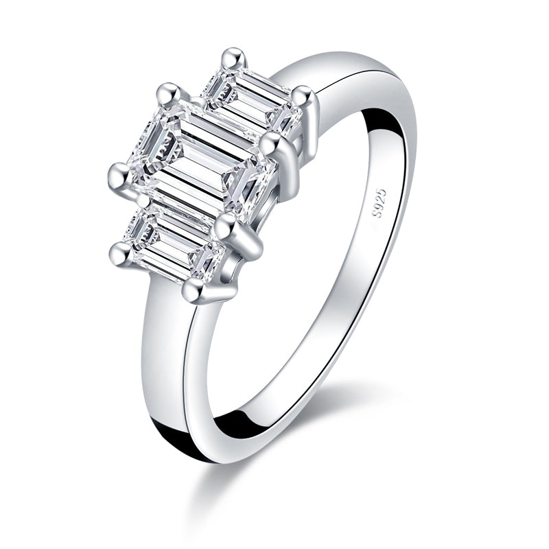 925 Sterling Silver Three Stone Emerald Cut Moissanite Ring