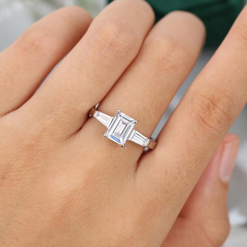 925 Sterling Silver Emerald Cut CZ Three Stone Ring