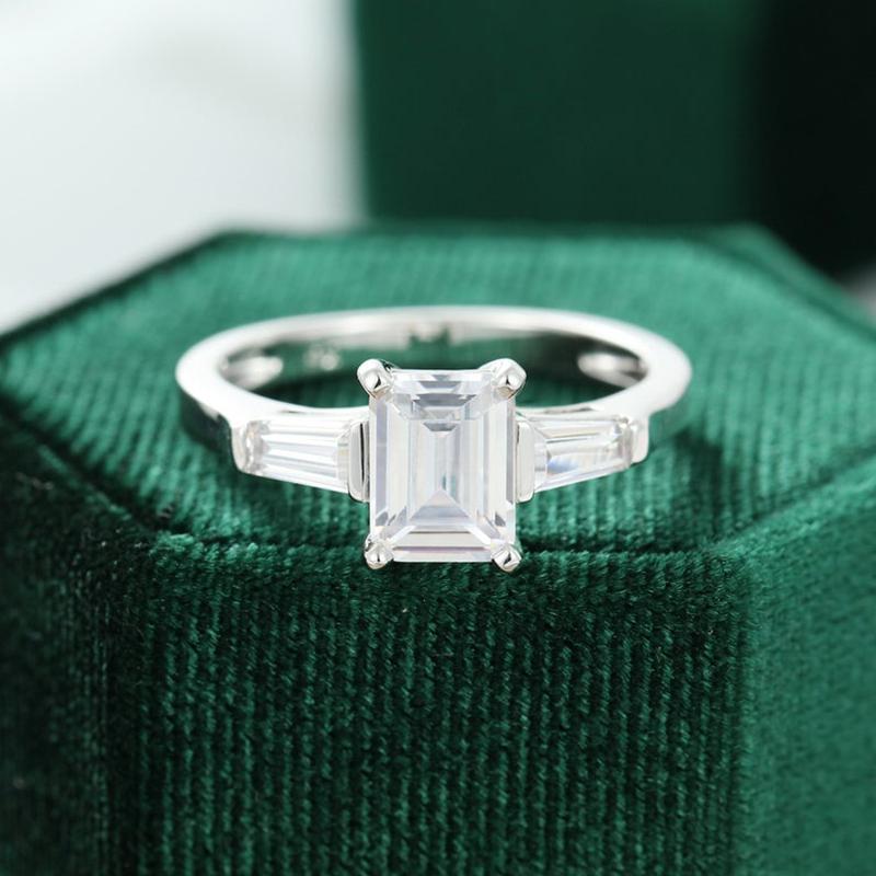 925 Sterling Silver Emerald Cut CZ Three Stone Ring