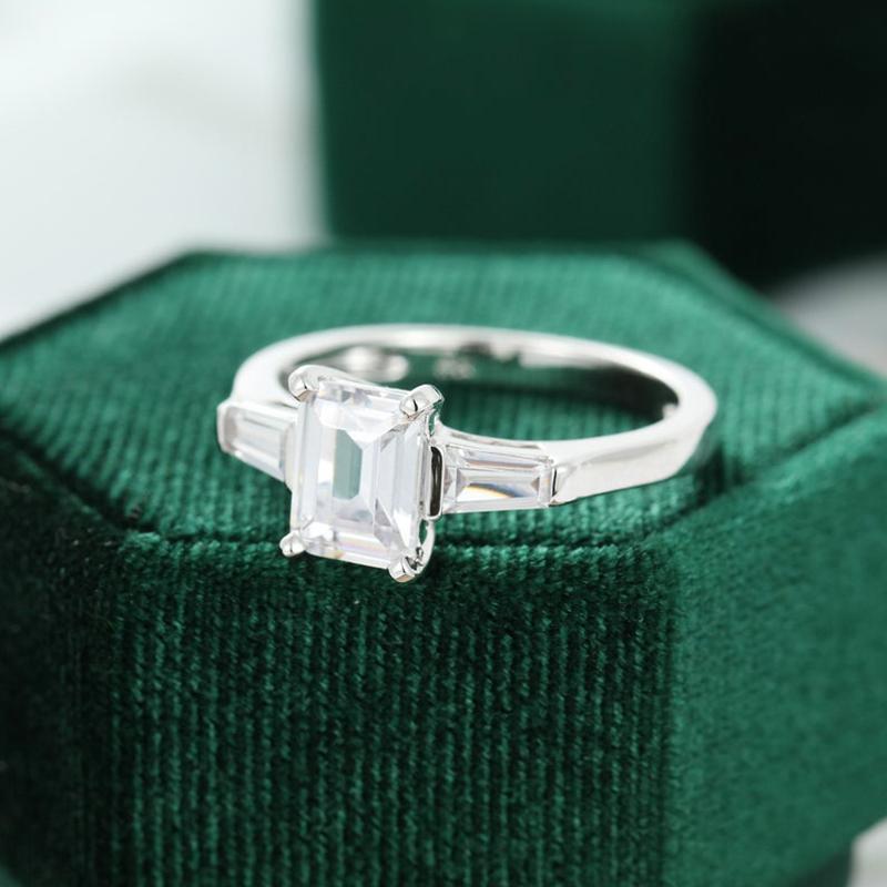 925 Sterling Silver Emerald Cut CZ Three Stone Ring