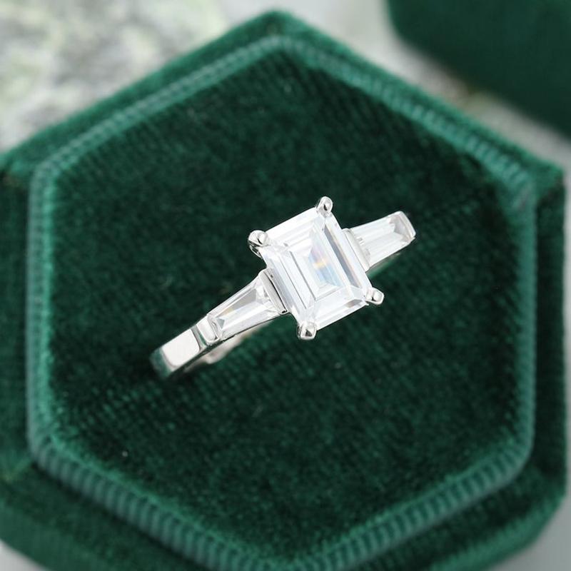 925 Sterling Silver Emerald Cut CZ Three Stone Ring