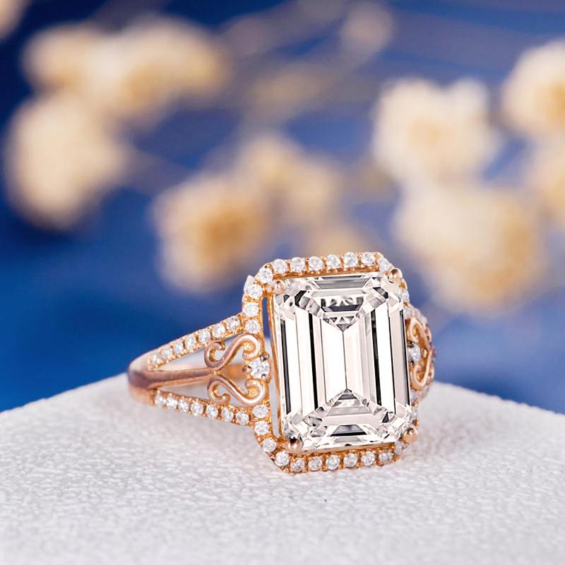 925 Sterling Silver Emerald Cut Halo Vintage CZ Ring