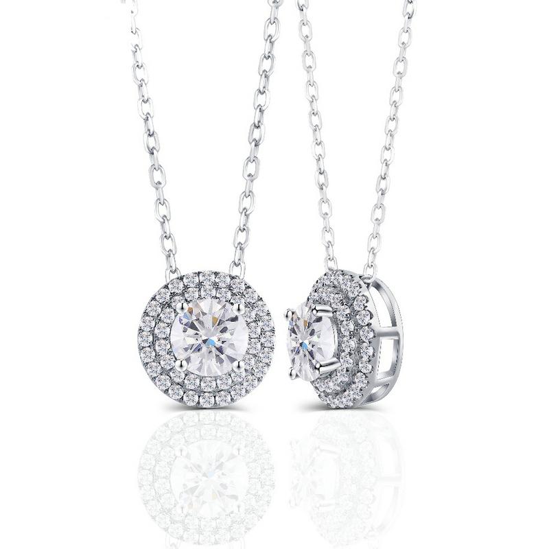 925 Sterling Silver Round Cut CZ Double Halo Pendant Necklace