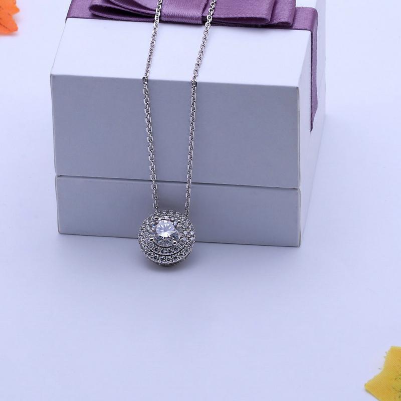 925 Sterling Silver Round Cut CZ Double Halo Pendant Necklace