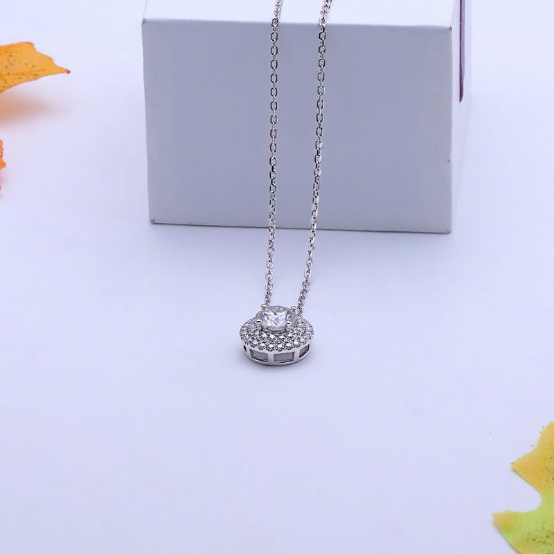 925 Sterling Silver Round Cut CZ Double Halo Pendant Necklace