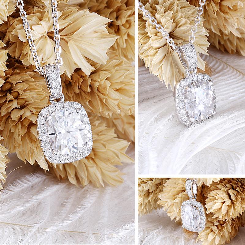 925 Sterling Silver Cushion Cut CZ Halo Pendant Necklace