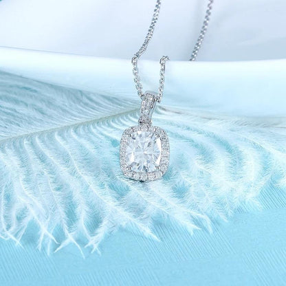 925 Sterling Silver Cushion Cut CZ Halo Pendant Necklace