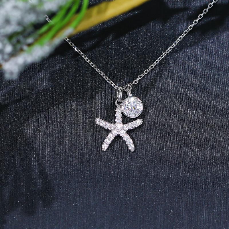 925 Sterling Silver Round Cut CZ Halo Starfish Pendant Necklace