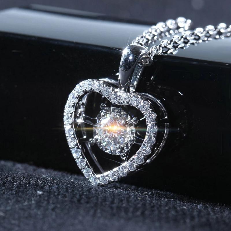 925 Sterling Silver Round Cut CZ Dancing Heart Shaped Pendant Nacklace