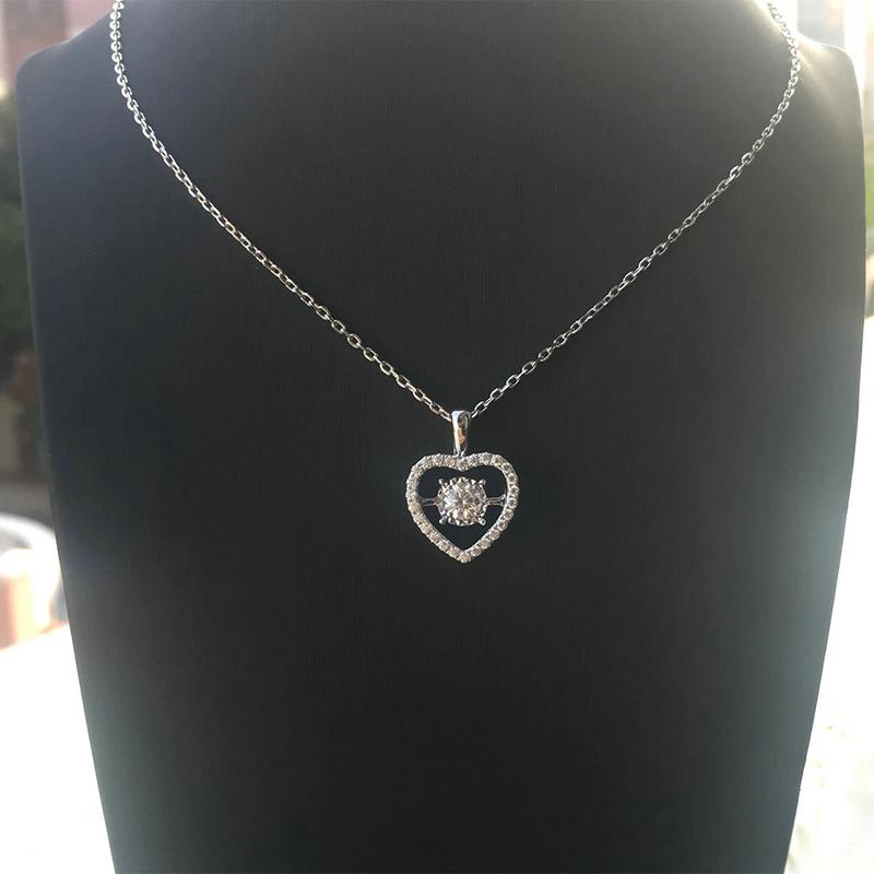 925 Sterling Silver Round Cut CZ Dancing Heart Shaped Pendant Nacklace