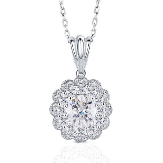 925 Sterling Silver Oval Cut CZ Double Halo Pendant Necklace