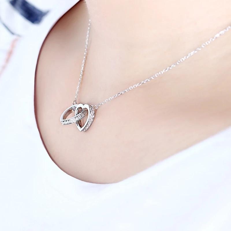 925 Sterling Silver CZ Interlocking Heart Shaped Necklace