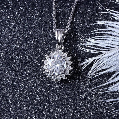 925 Sterling Silver CZ Halo Sunflower Shaped Pendant Necklace