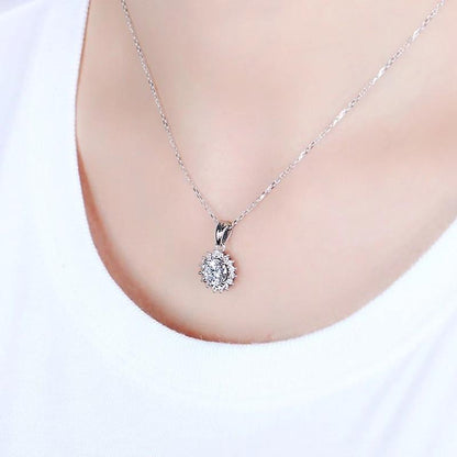 925 Sterling Silver CZ Halo Sunflower Shaped Pendant Necklace