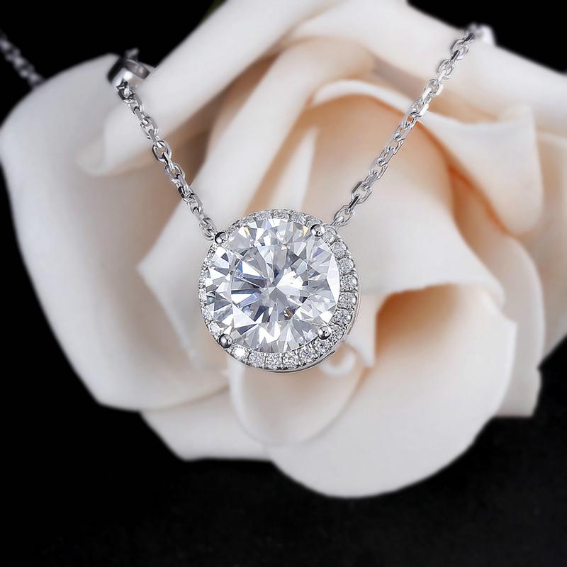 925 Sterling Silver Round Cut CZ  Diamond Halo Necklace