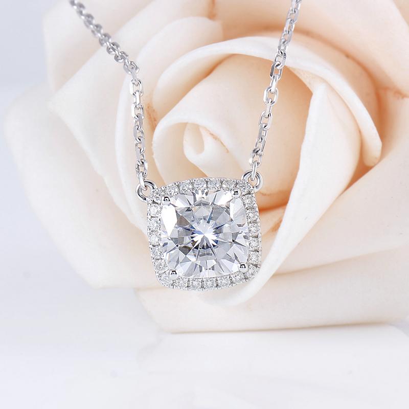 925 Sterling Silver Cushion CZ Classic Halo Necklace