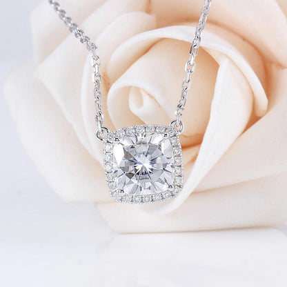 925 Sterling Silver Cushion CZ Classic Halo Necklace