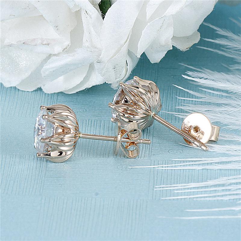 925 Sterling Silver Round Cut Cubic Zirconia Classic Lotus Shaped Stud Earrings