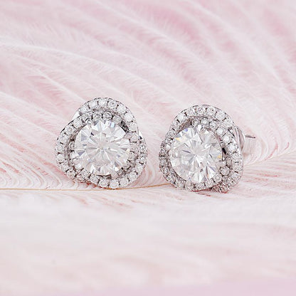 925 Sterling Silver Round Cut Cubic Zirconia Flower Shaped Halo Stud Earrings