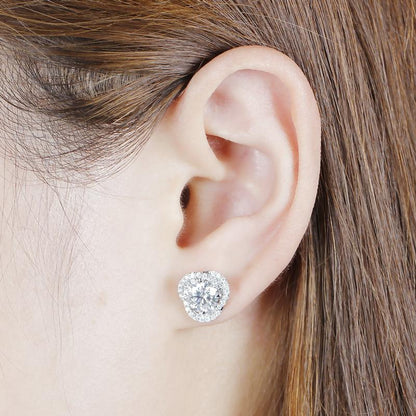 925 Sterling Silver Round Cut Cubic Zirconia Flower Shaped Halo Stud Earrings