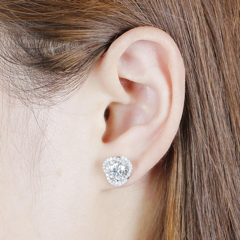 925 Sterling Silver Round Cut Cubic Zirconia Flower Shaped Halo Stud Earrings