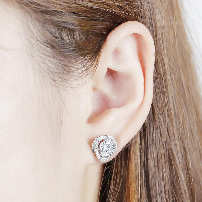 925 Sterling Silver Round Cut Cubic Zirconia Flower Shaped Halo Stud Earrings