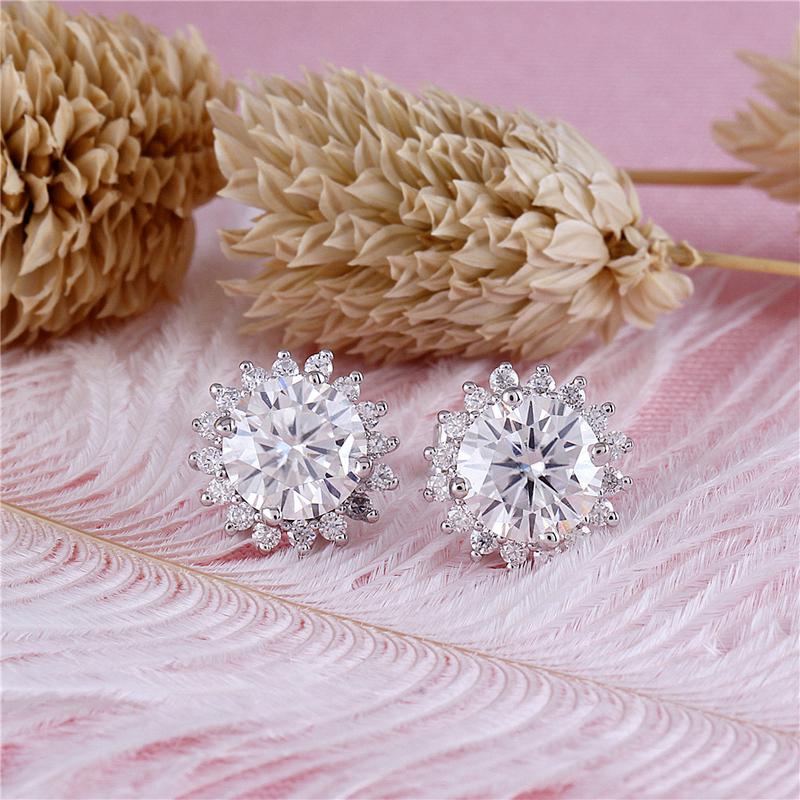 925 Sterling Silver Round Cut Cubic Zirconia Sunflower Stud Earrings