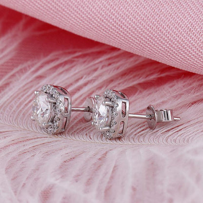 925 Sterling Silver Round Cut Cubic Zirconia Square Halo Stud Earrings