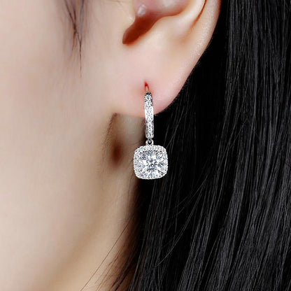 925 Sterling Silver Cushion Cut Cubic Zirconia Drop Halo Earrings