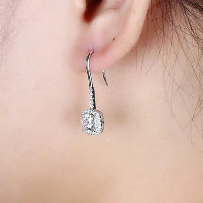 925 Sterling Silver Cushion Cut Cubic Zirconia Drop Hook Earrings