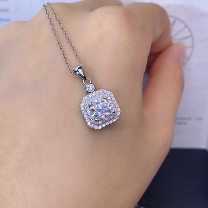 925 Sterling Silver Square Halo Pendant Necklace