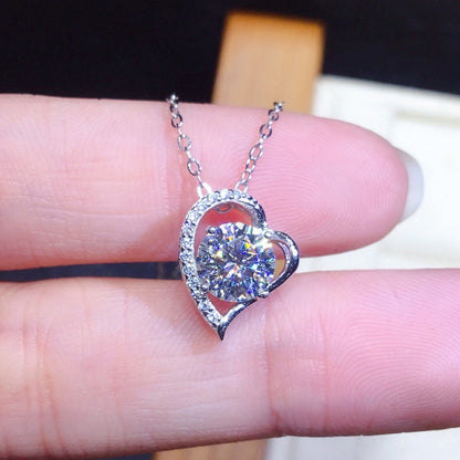 925 Sterling Silver Round Cut Created CZ Heart Shape Pendant Necklace