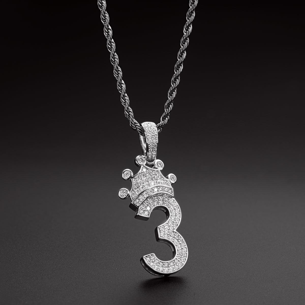 925 Sterling Silver Number 3 Created Diamond Hip Hop Long Chain Pendant Necklace