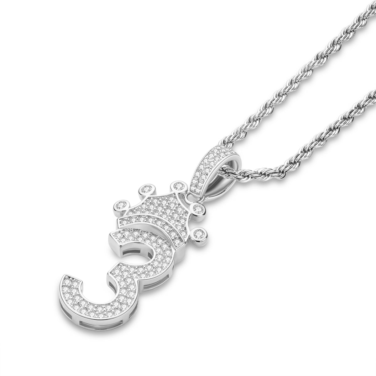 925 Sterling Silver Number 3 Created Diamond Hip Hop Long Chain Pendant Necklace