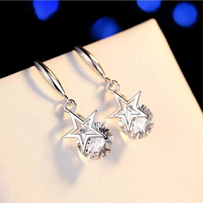 925 Sterling Silver Round Cubic Zirconia Fashion Five-Pointed Star Hook Earrings