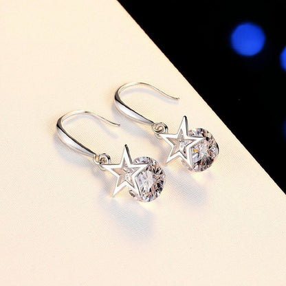 925 Sterling Silver Round Cubic Zirconia Fashion Five-Pointed Star Hook Earrings