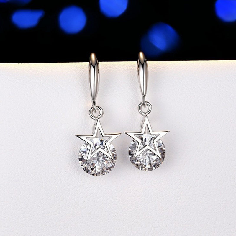 925 Sterling Silver Round Cubic Zirconia Fashion Five-Pointed Star Hook Earrings