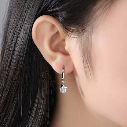 925 Sterling Silver Round Cubic Zirconia Fashion Five-Pointed Star Hook Earrings