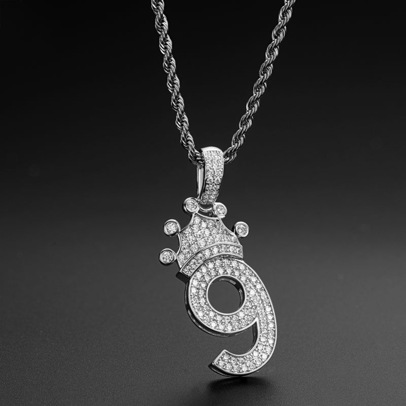 925 Sterling Silver Number 9 Crown Created Diamond Pendant Necklace