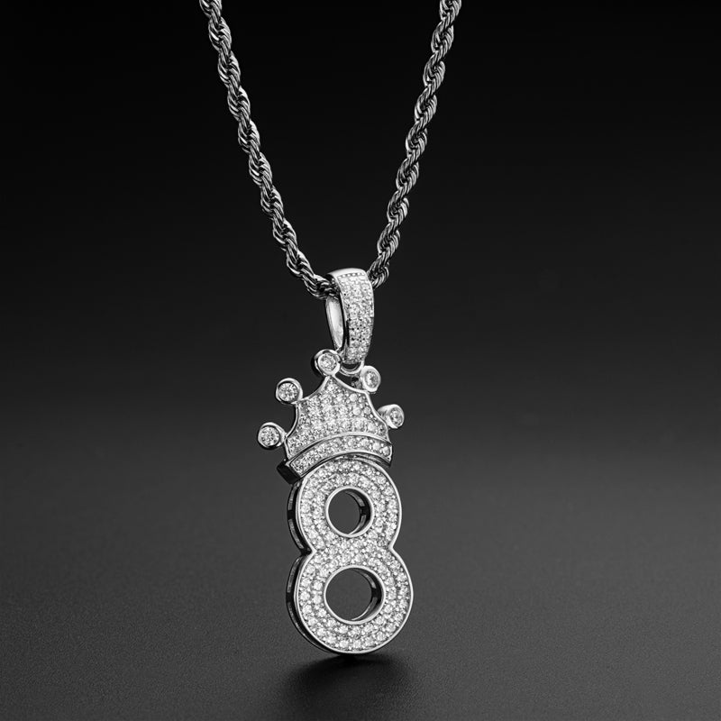 925 Sterling Silver Number 8 Crown Created CZ Pendant Necklace