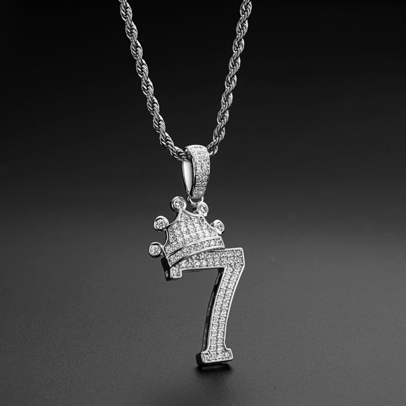 925 Sterling Silver Number 7 Crown Created CZ Pendant Necklace