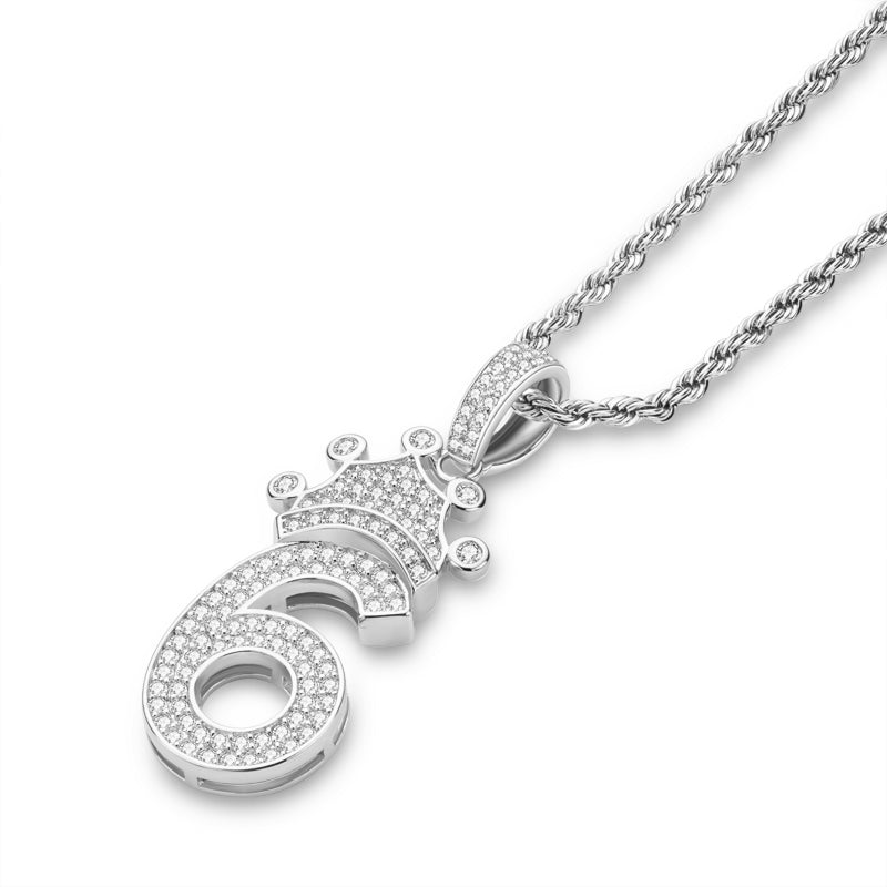 925 Sterling Silver Number 6 Crown Created CZ Pendant Necklace